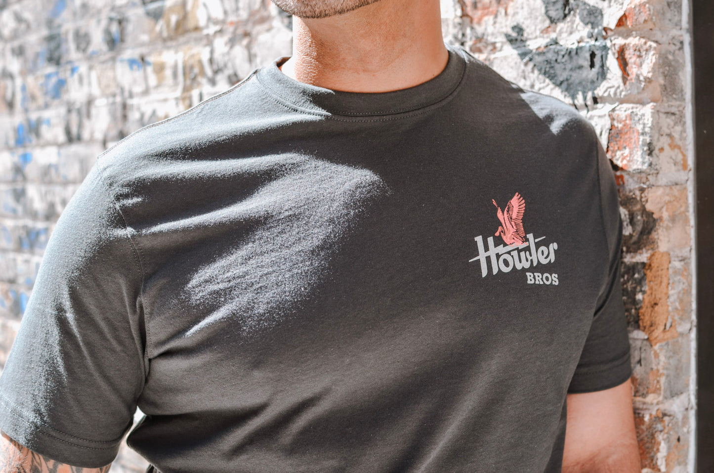 Person wearing a black t-shirt with 'Howler Bros' logo against a stone wall background