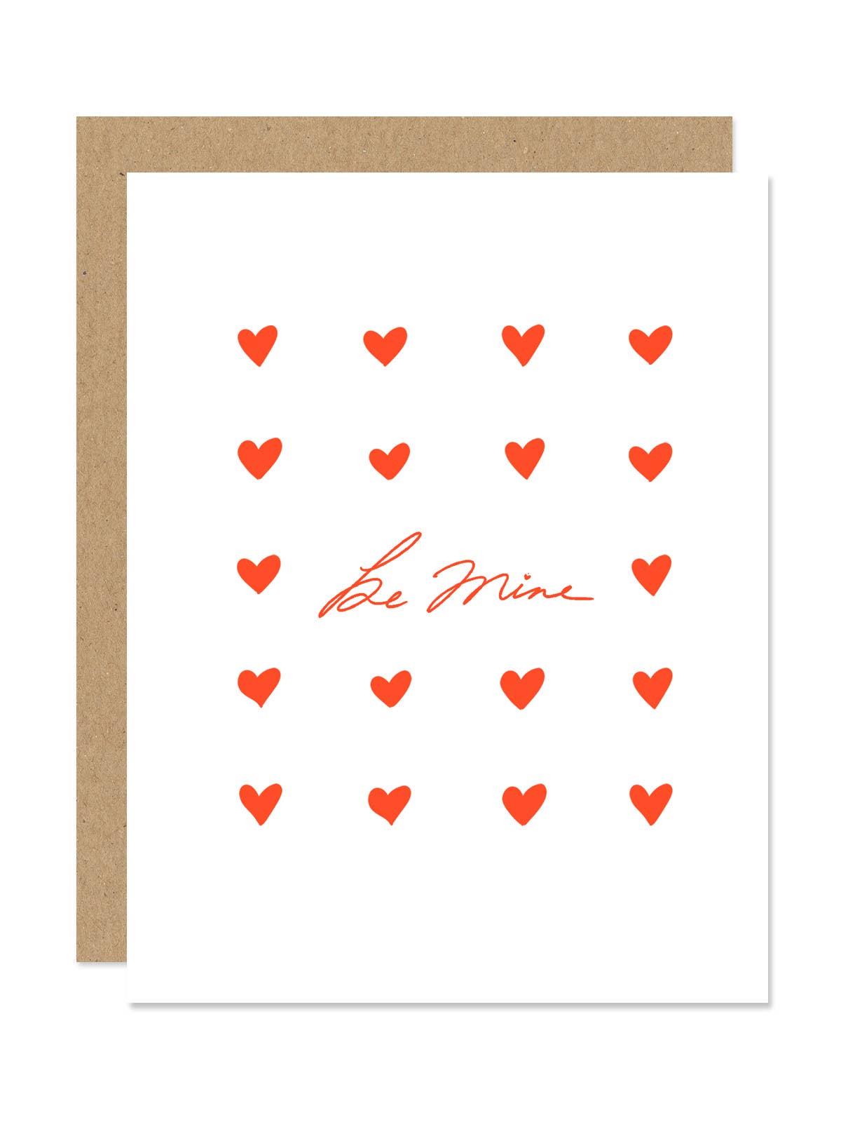Greeting card with red hearts and 'Be Mine' text on a white background