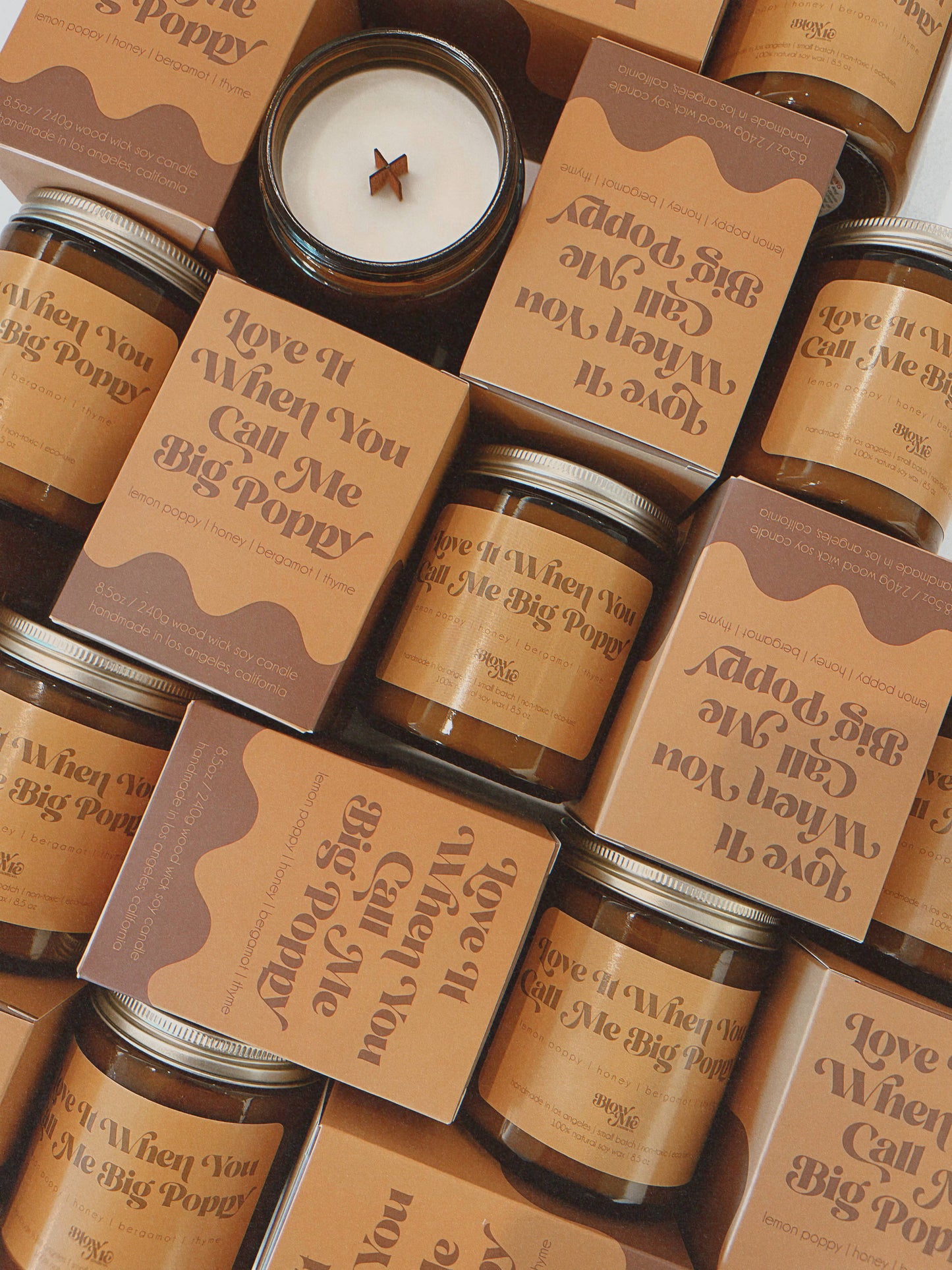 Jars and boxes with 'Love It When You Call Me Big Poppy' text on a matching brown background.