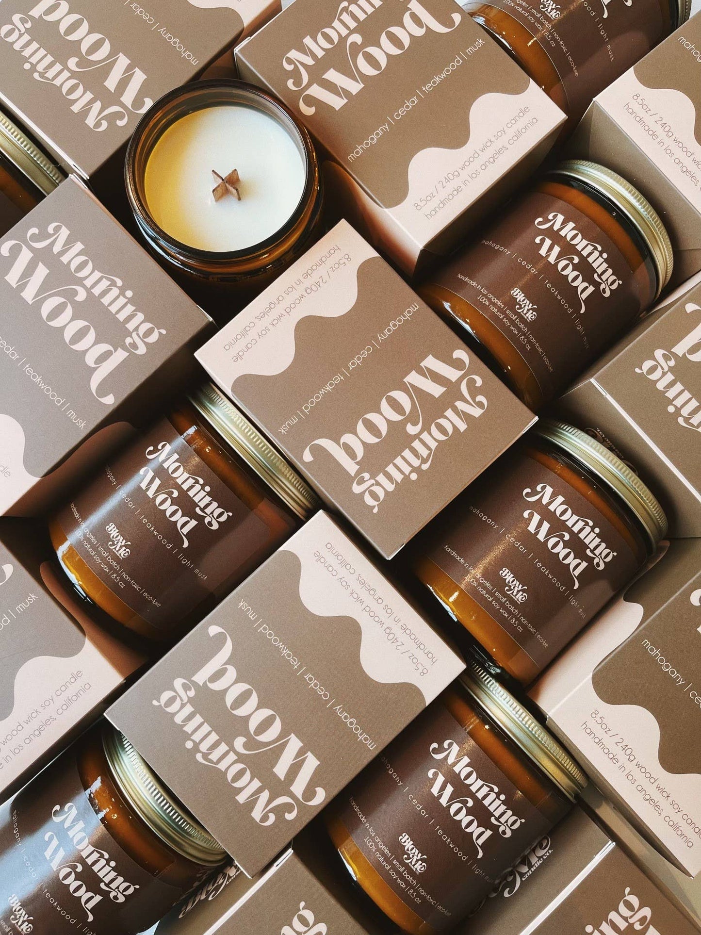 Jars and boxes of 'Morning Wood' products with visible branding.