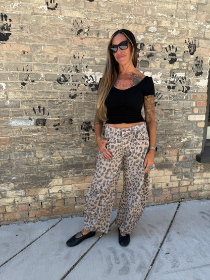 Good Luck Mid Rise Barrel Jean Cheetah Print