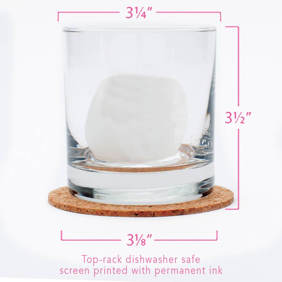 Glass with cork coaster on a white background with measurements and text.