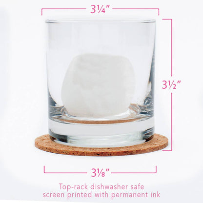 Glass with cork coaster on a white background with measurements and text.