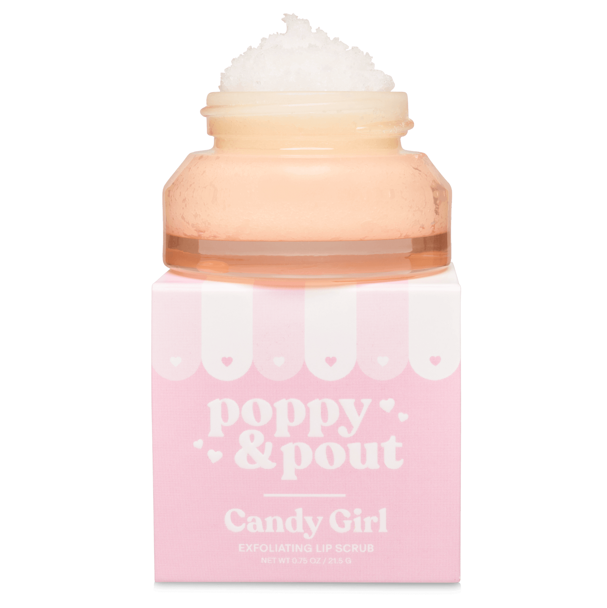 Lip scrub container with pink packaging and white text on a black background