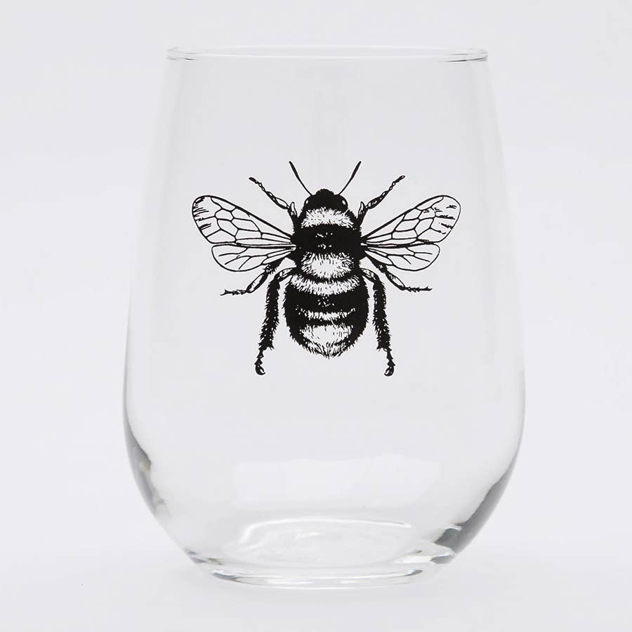 Clear glass with a black bee illustration on a white background