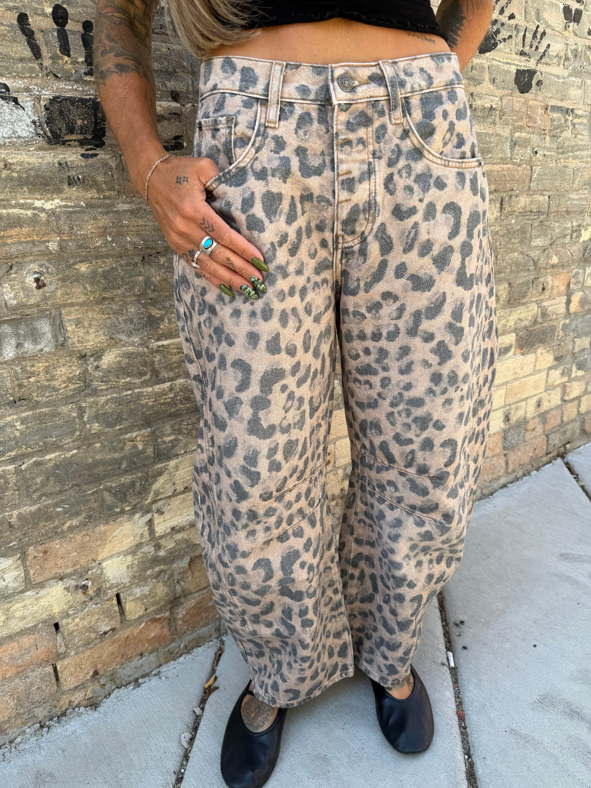 Good Luck Mid Rise Barrel Jean Cheetah Print