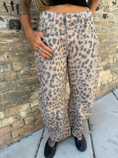 Good Luck Mid Rise Barrel Jean Cheetah Print