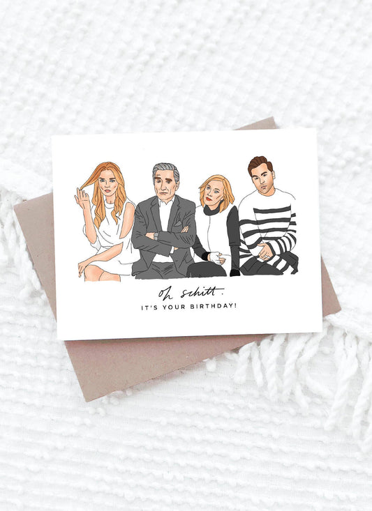 Card with illustrations of four people and text 'It's your birthday!' on a textured white background.