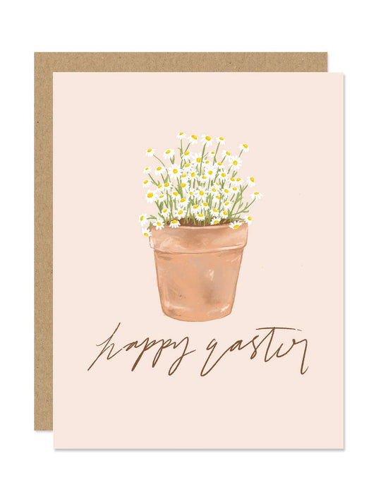 Greeting card with a terracotta pot of flowers and 'Happy Easter' text on a pink background.