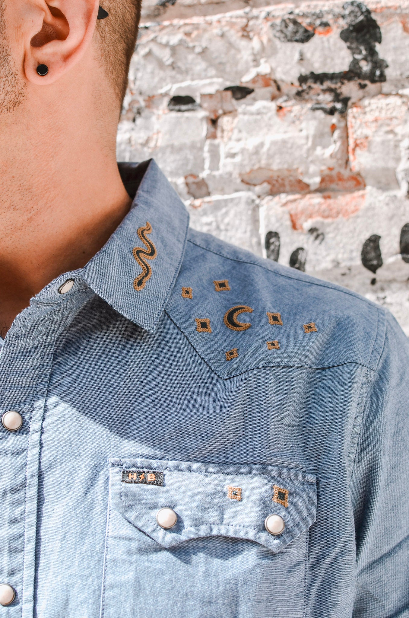 Close-up of a denim shirt with decorative stitching against a textured wall.