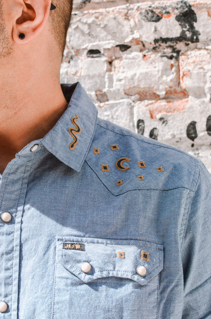 Close-up of a denim shirt with decorative stitching against a textured wall.