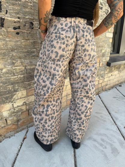 Good Luck Mid Rise Barrel Jean Cheetah Print