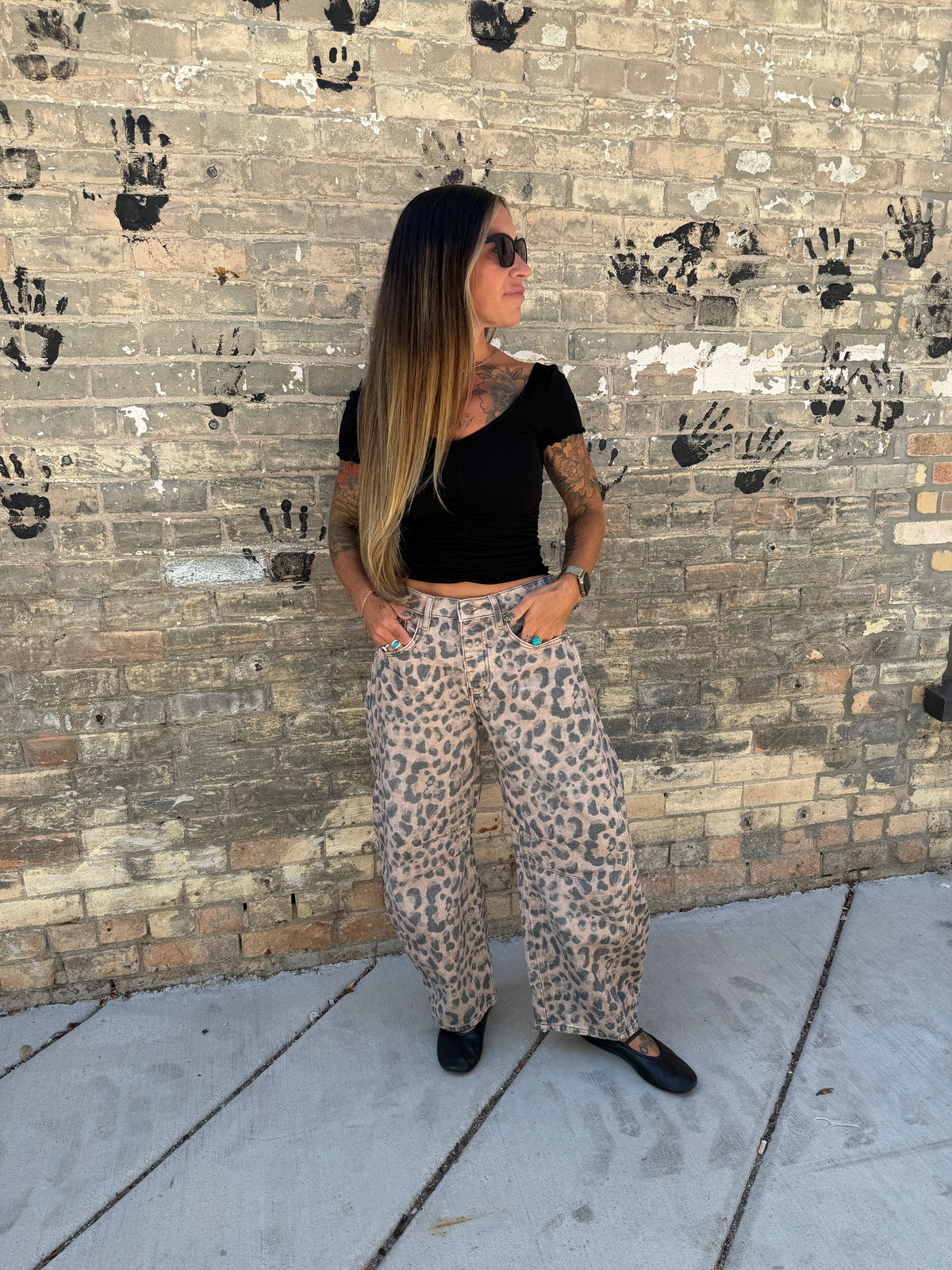 Good Luck Mid Rise Barrel Jean Cheetah Print