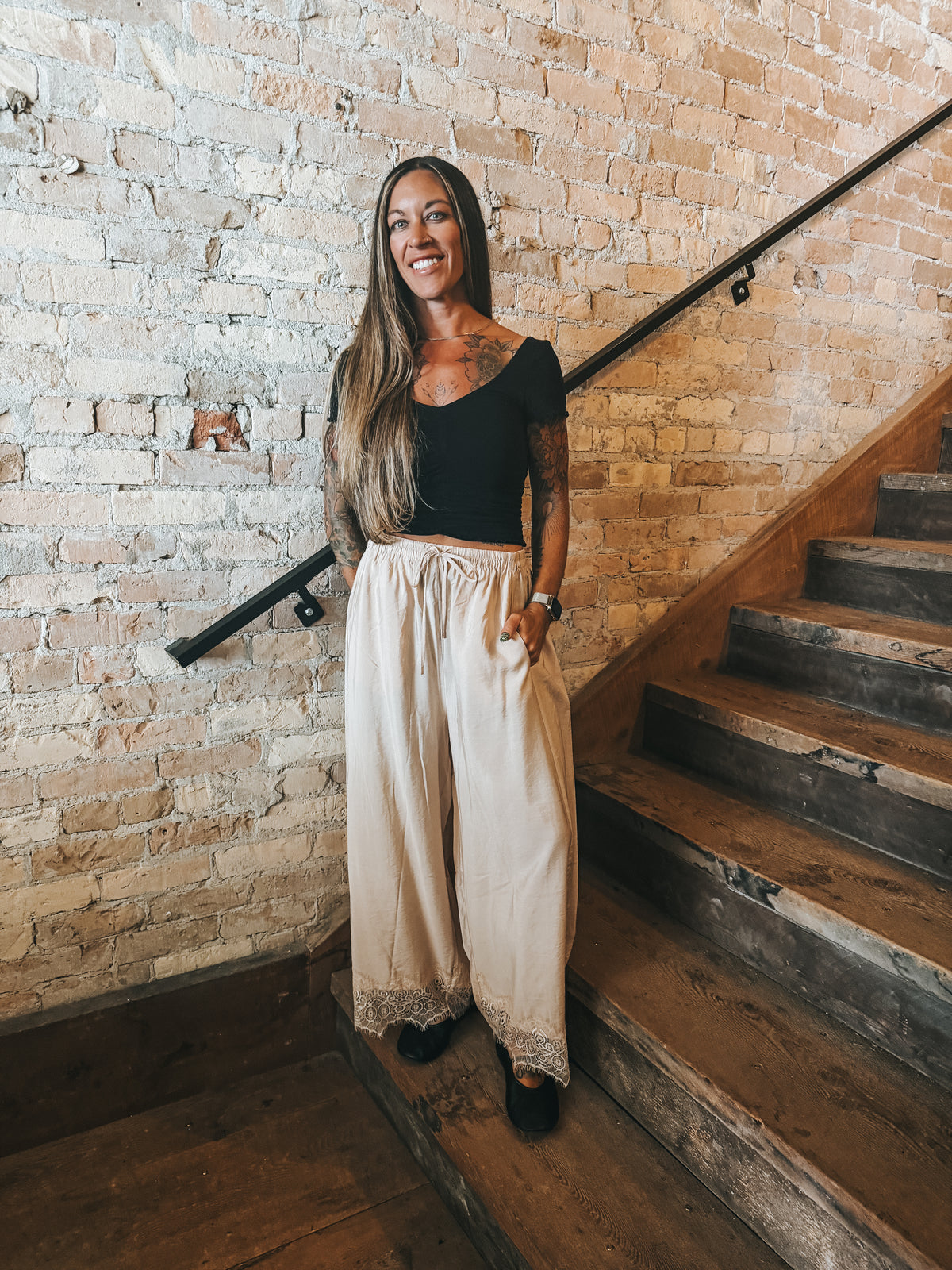 Willow Crinkled Lace Hem Wide Leg Pants