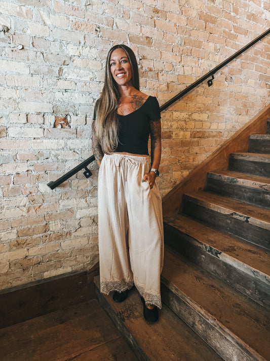 Willow Crinkled Lace Hem Wide Leg Pants
