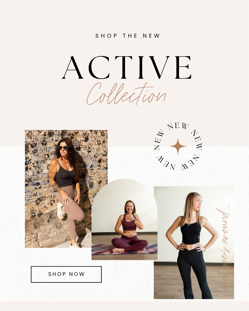 Promotional image for the 'Active Collection' with models in athletic wear on a light background.