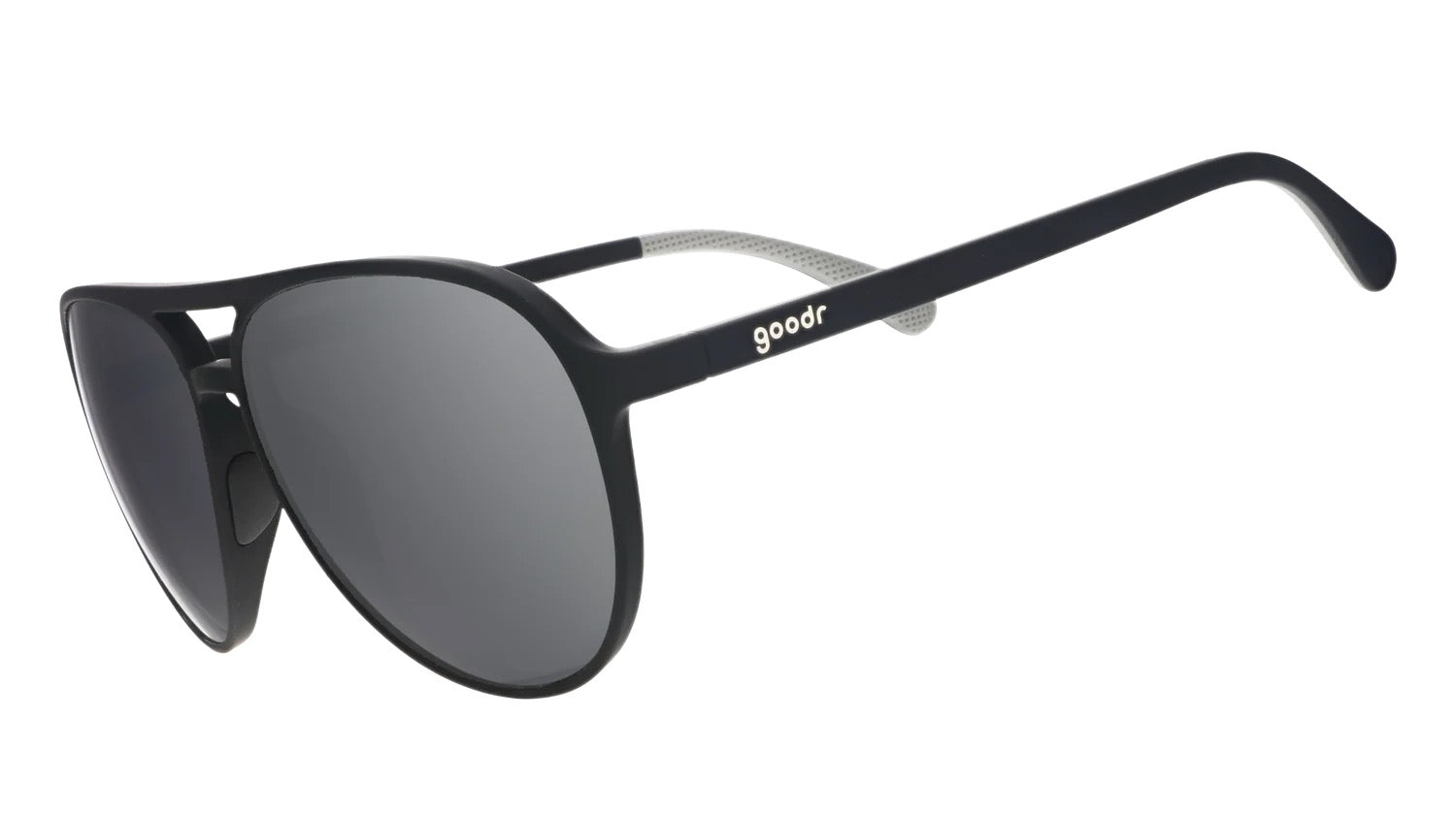 Black sunglasses with a brand logo on a white background