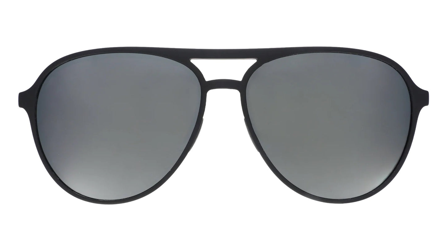 Black sunglasses with reflective lenses on a white background