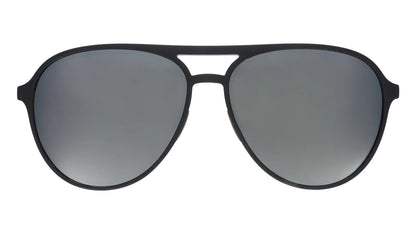Black sunglasses with reflective lenses on a white background