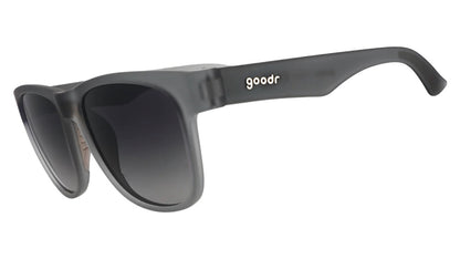 Black sunglasses with 'goodr' branding on a white background