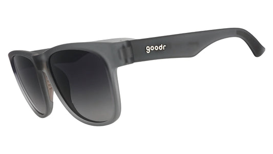 Black sunglasses with 'goodr' branding on a white background