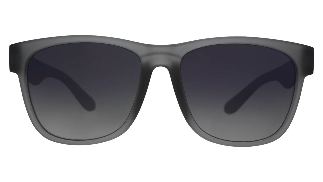 Gray sunglasses with dark lenses on a white background