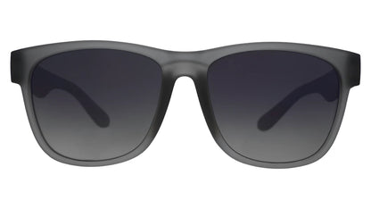 Gray sunglasses with dark lenses on a white background