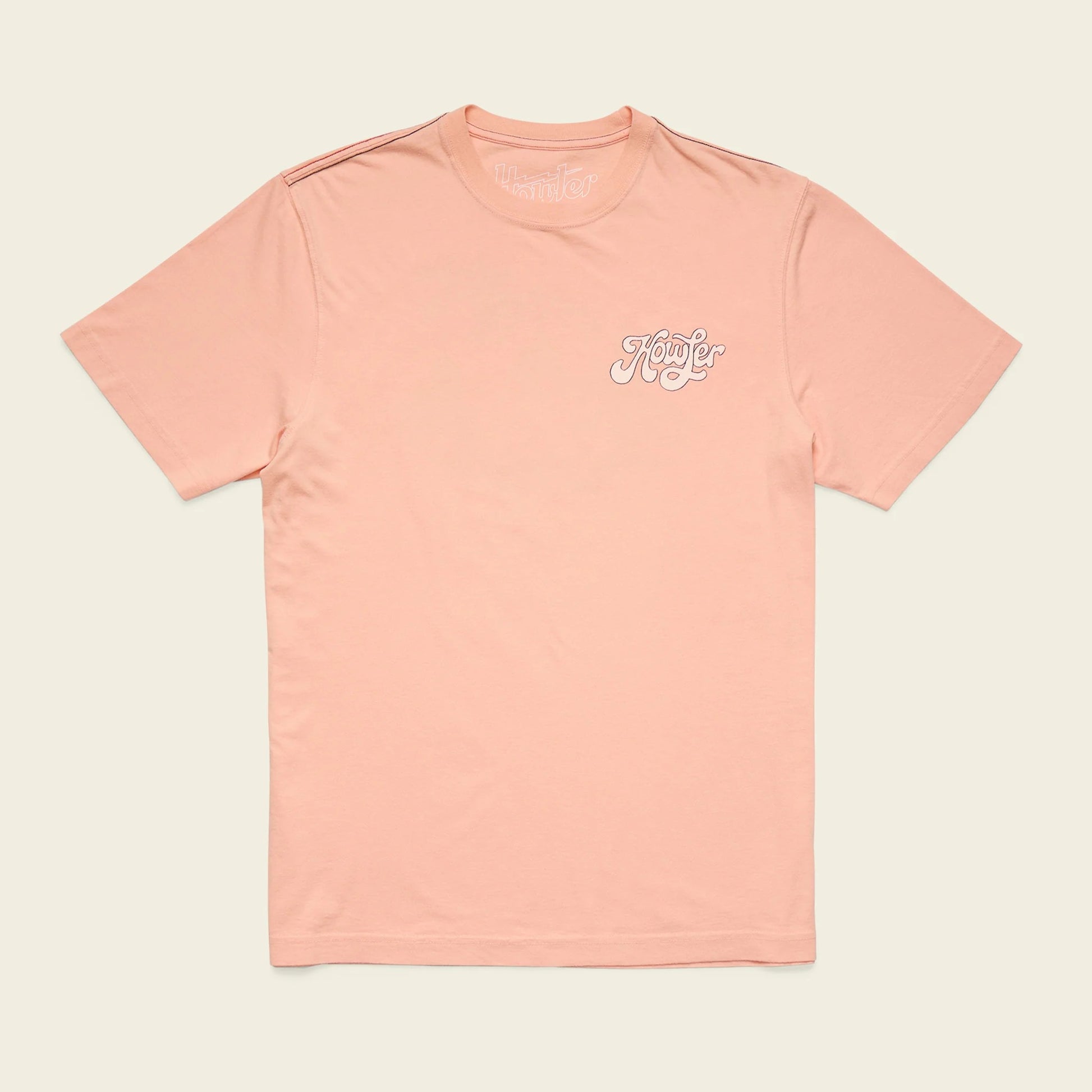 Pink t-shirt with a logo on a beige background