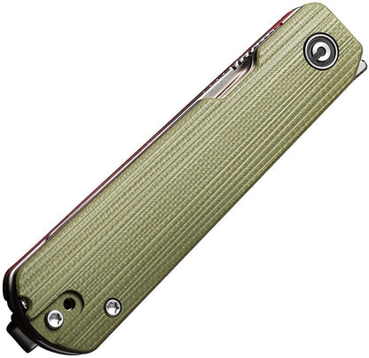 Green folding knife with textured handle on a white background