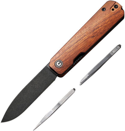 Folding knife with wooden handle and two blades on a white background