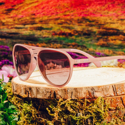 Pink sunglasses on a wooden stump with a colorful mountain landscape in the background