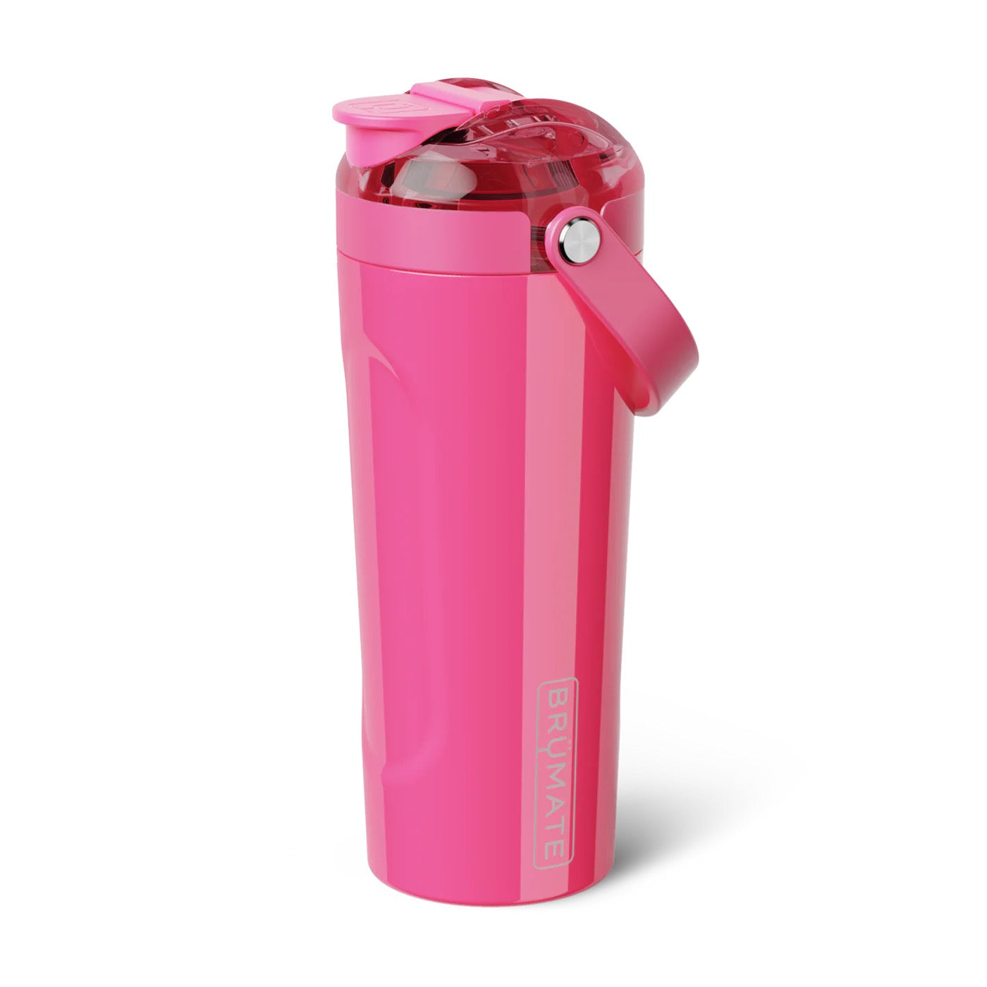 Pink water bottle with a white background