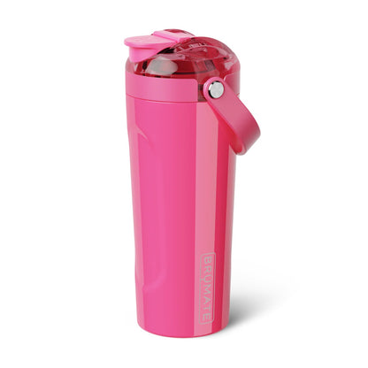 Pink water bottle with a white background