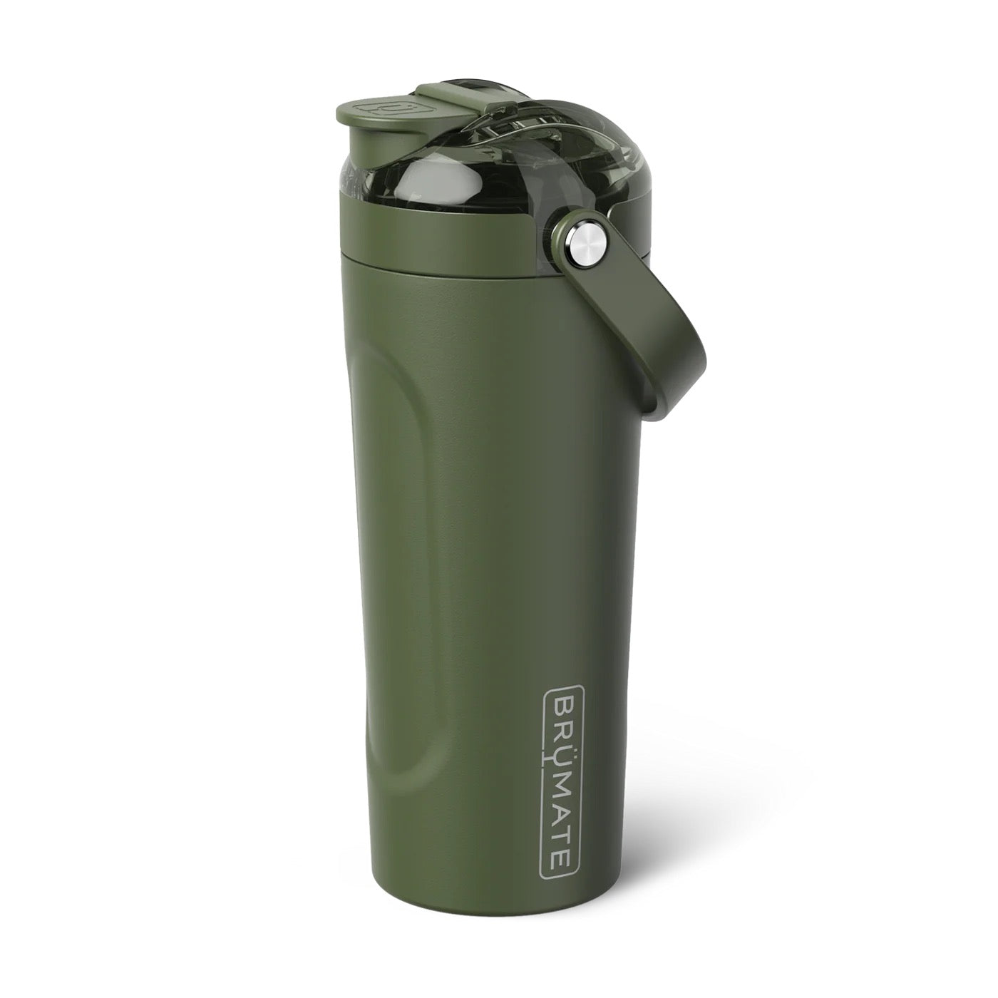 Green insulated bottle with a handle on a white background