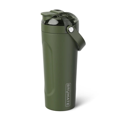 Green insulated bottle with a handle on a white background