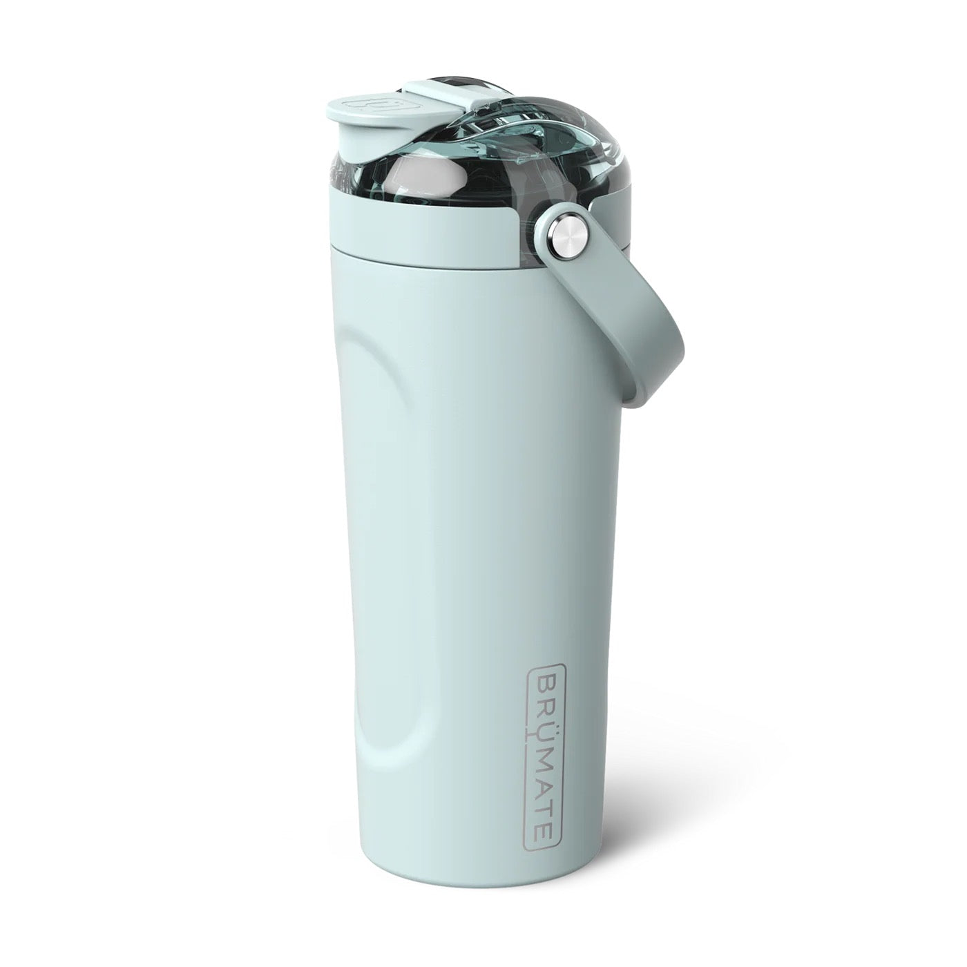 Light blue water bottle with a silver cap on a white background