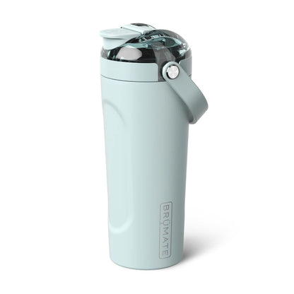 Light blue water bottle with a silver cap on a white background