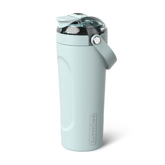 Light blue water bottle with a silver cap on a white background