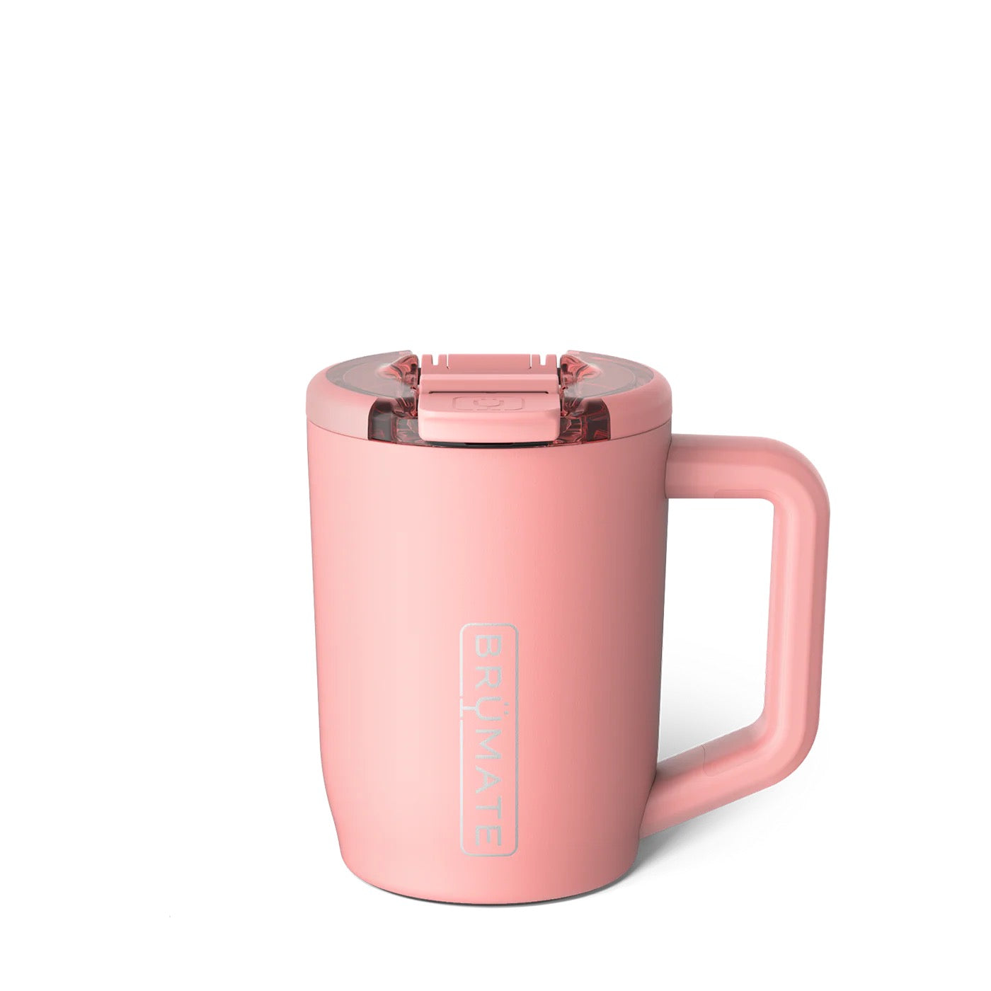Pink mug with rose gold lid on a white background