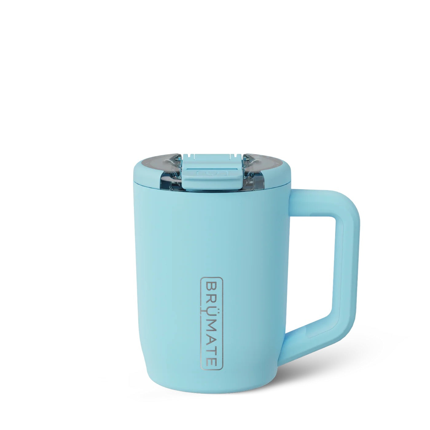 Light blue mug with handle and lid on a white background