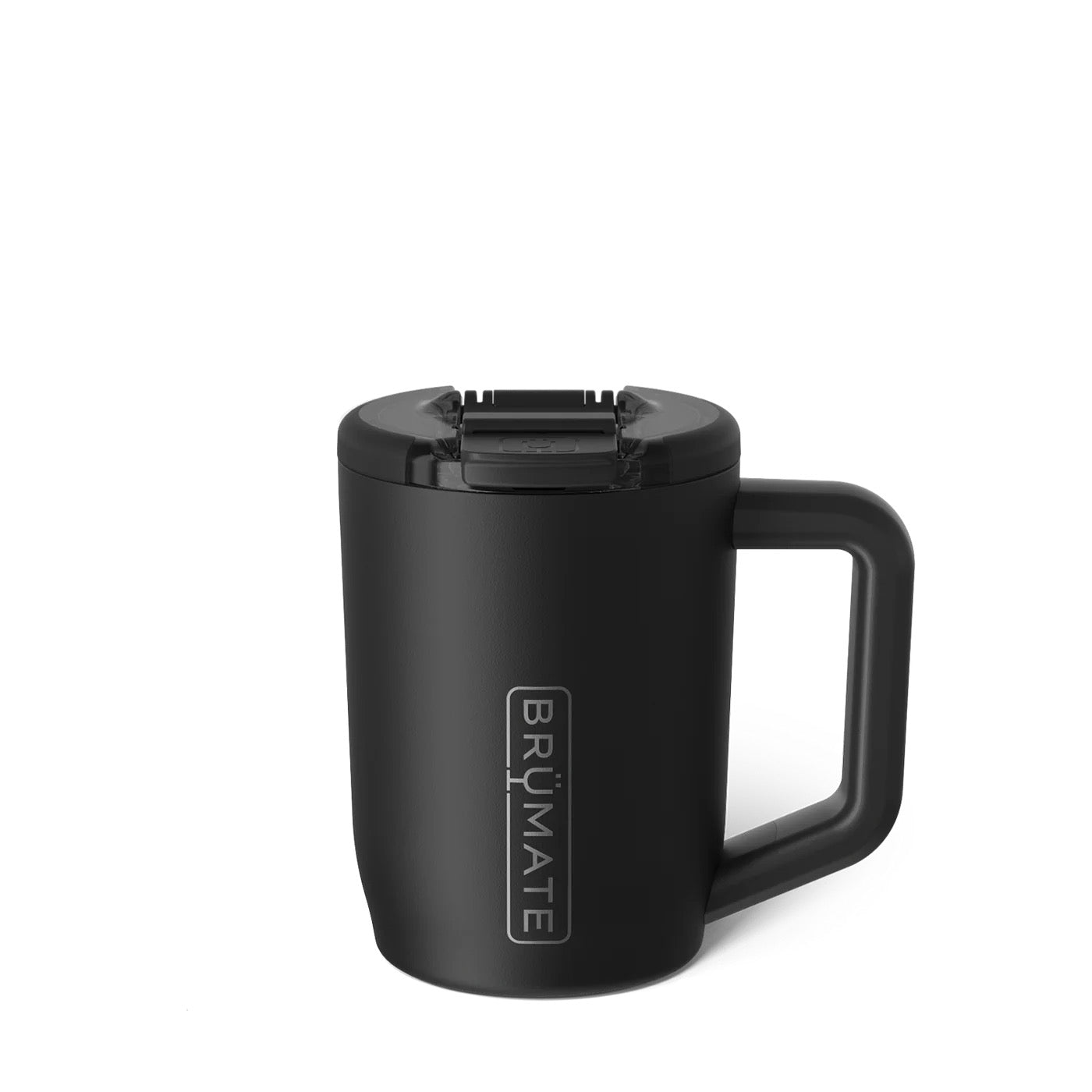 Black mug with handle and 'BRÜmate' logo on a white background