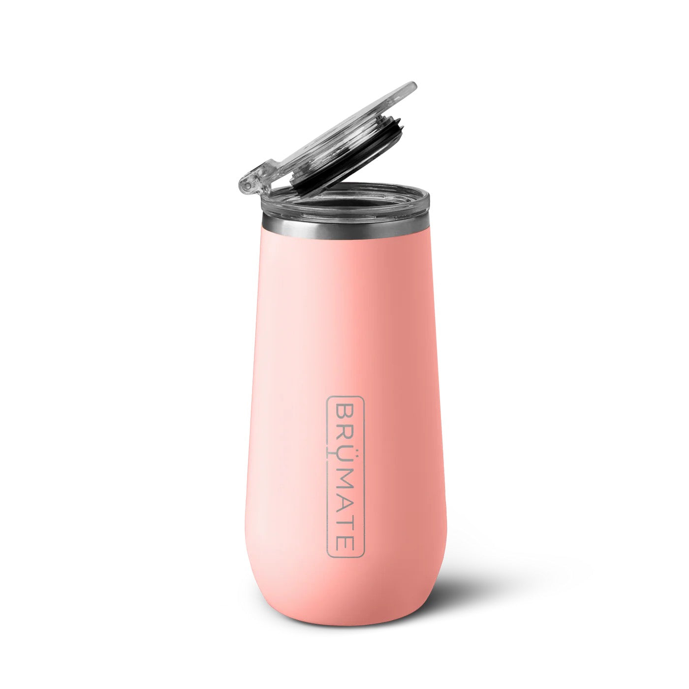 Pink insulated drink container with silver lid on a white background
