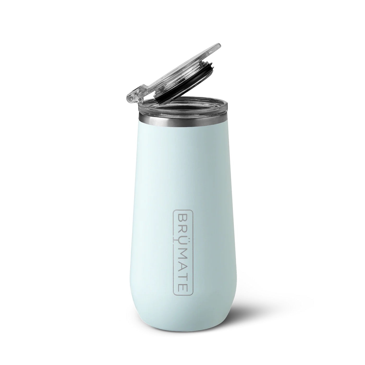 Light blue insulated tumbler with a silver lid on a white background