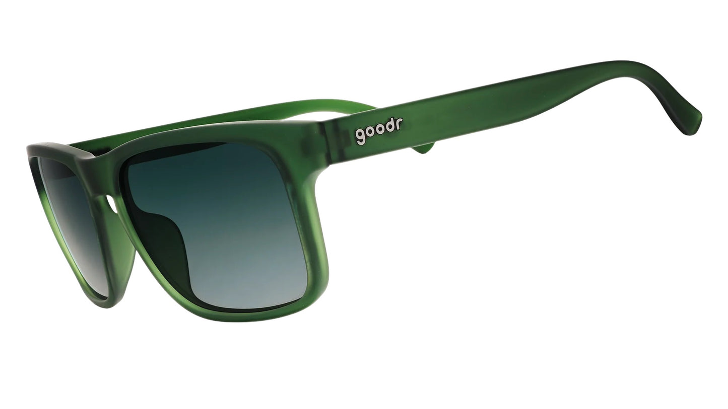 Green sunglasses with 'goodr' branding on a white background