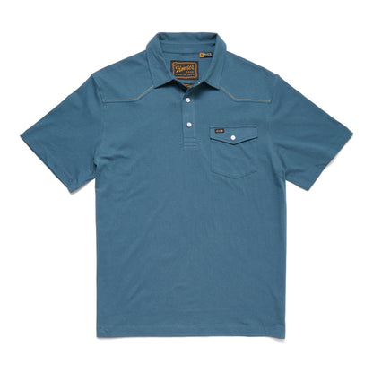 Blue polo shirt with a brand label on a white background