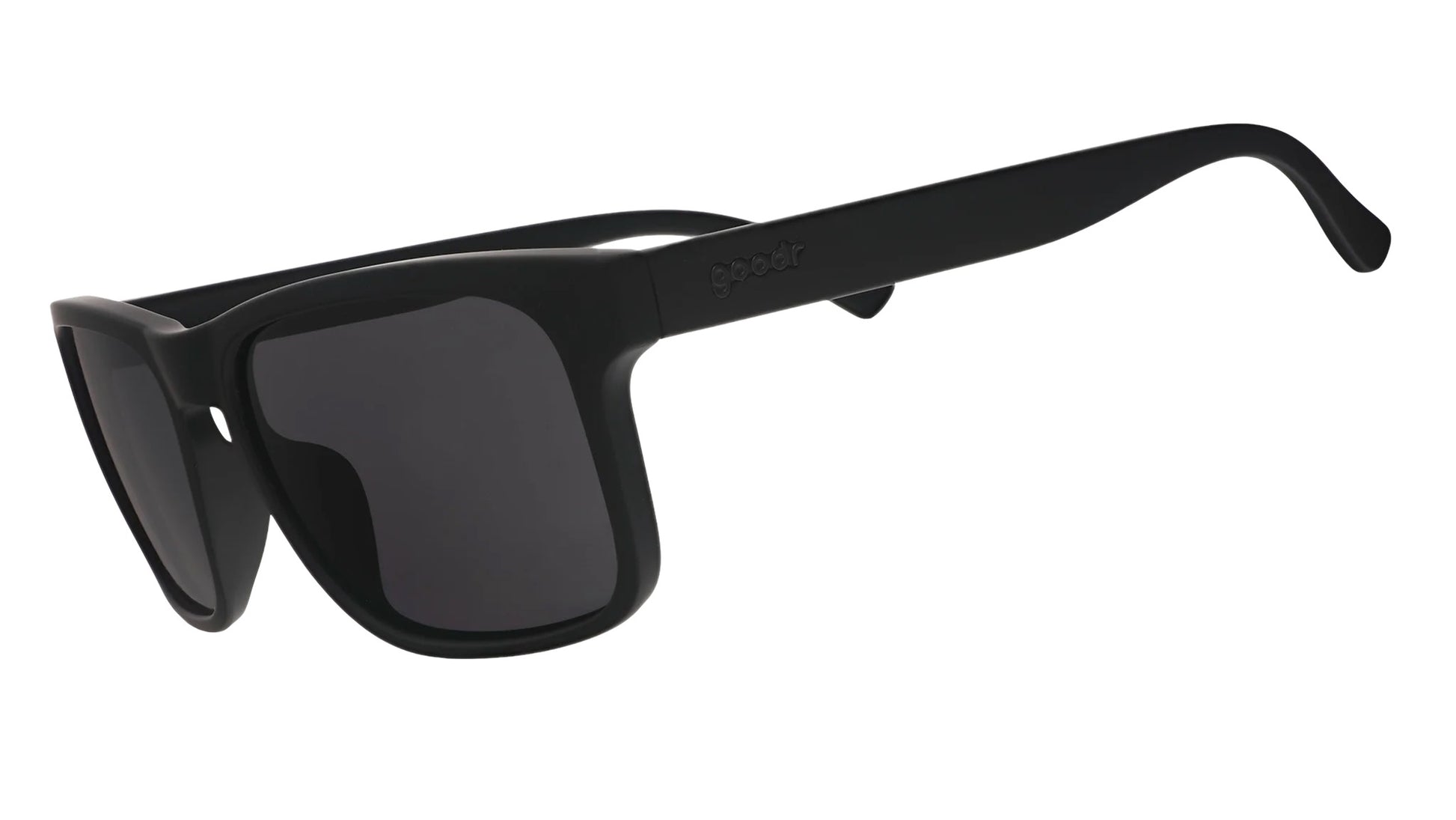 Black sunglasses with dark lenses on a white background