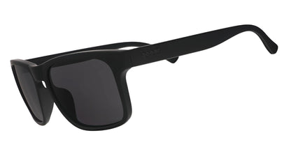 Black sunglasses with dark lenses on a white background