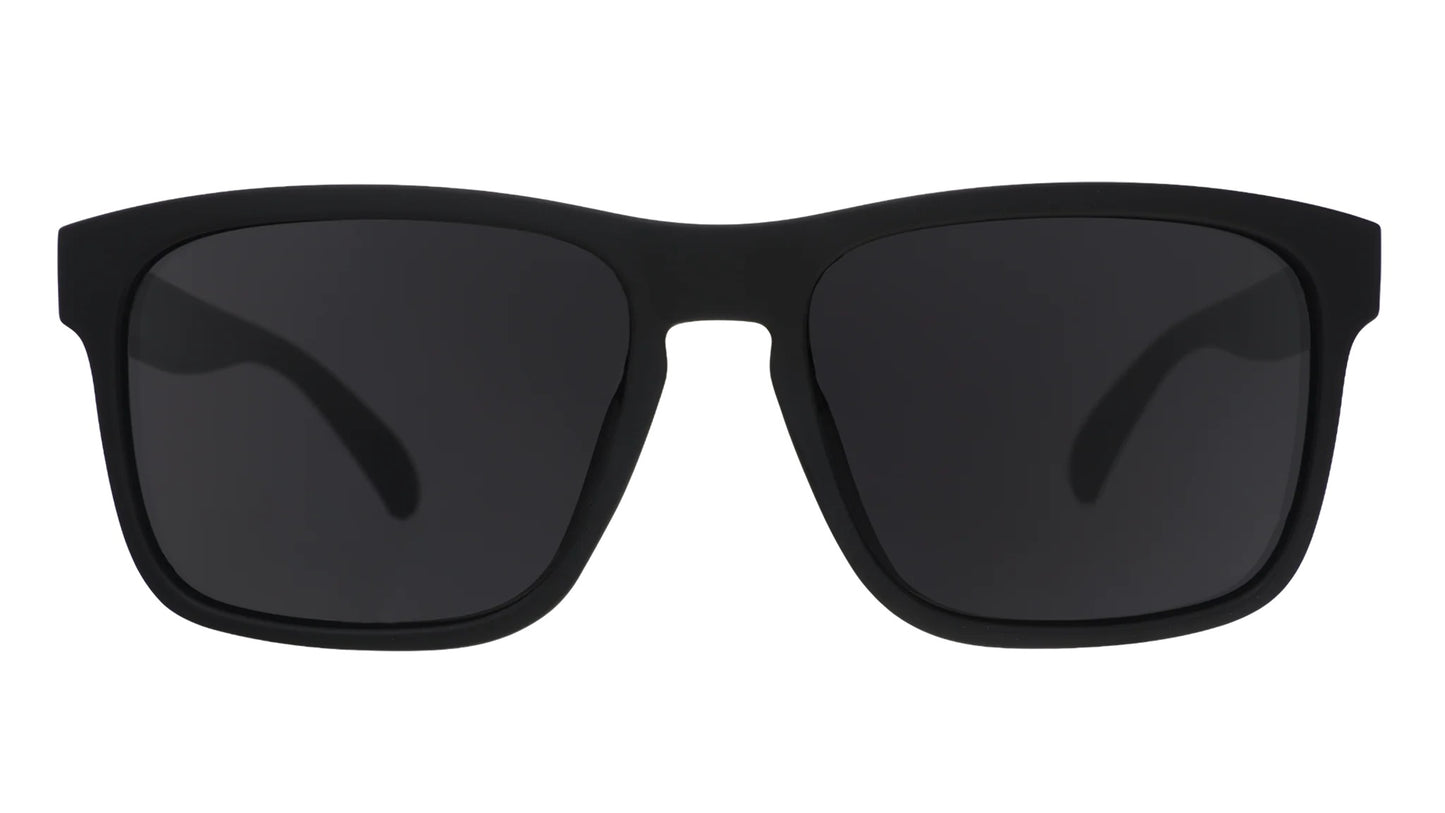 Black sunglasses with dark lenses on a white background