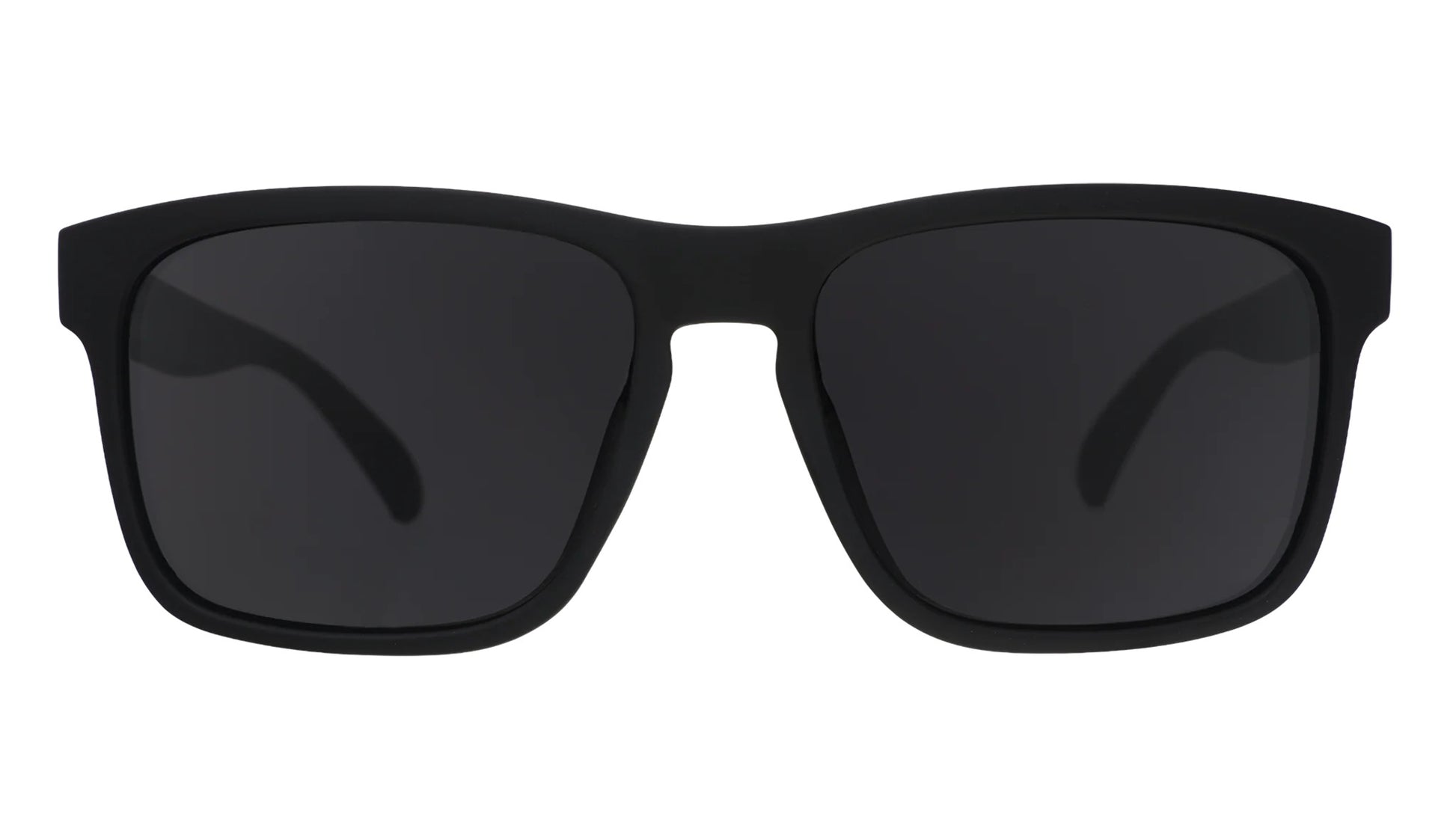 Black sunglasses with dark lenses on a white background