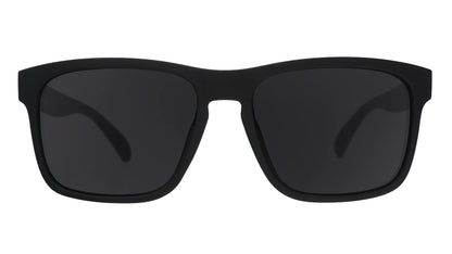 Black sunglasses with dark lenses on a white background